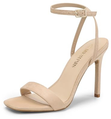 DREAM PAIRS Dam höga stilettos öppen fyrkantig tå ankelrem klackar sexig komfort bandklänning skor bröllop brud pumps sandaler, Naken mocka, 40.5 EU