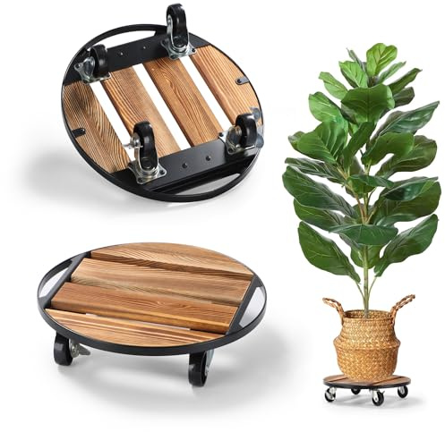 2 Pack Plant Caddy with Wheels, 12 Rolling Plant Stand 264 LB Heavy Duty, Iron and Wood Round Plant Dolly with Metal 360° Lockable Caster Wheels for Outdoor Indoor Large Plant Pots, Flower Pot, Patio
