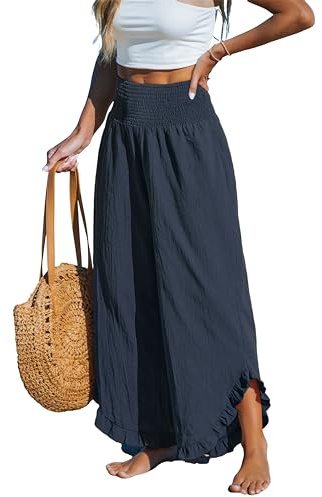 CUPSHE Damen Hosen Gesmokt Baumwolle Lounge Hohe Taille Weites Bein Asymmetrischer Rüschen Sommerhose Elegant Lose Freizeithose Dunkelblau XL