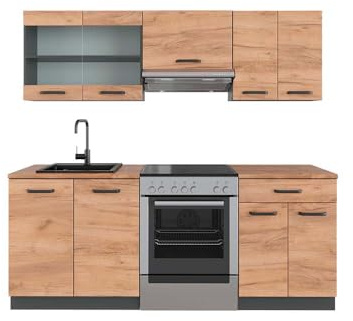 Vicco Küchenzeile R-Line, Goldkraft Eiche/Anthrazit, 200 cm | 5 Module · Höhenverstellbare Füße · AP Eiche inkl. · Robuste Fronten · Mit Glasschrank · Frei kombinierbar