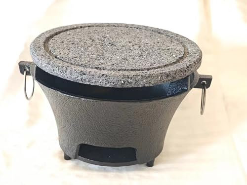 Parrillas volcánicas estriadas combinadas con quemadores de carbón de hierro fundido. Diámetro 22,1 cm, adecuado para 2-3 personas, barbacoa familiar, barbacoa portátil de camping, barbacoa de piedra