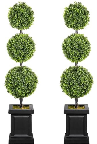colorspec 107cm/ 3.5ft Boxwood Outdoor Topiary Set of 2, Tall All Year Green Fake Plant Topiary Trees Artificial Porch Trees with Sturdy Pot for Indoor (Ball)