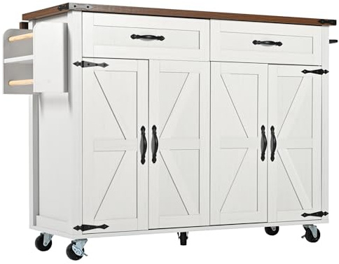 Gelukueub Kücheninsel, Servierwagen mit ausziehbarer Arbeitsplatte, Küchentrolley, Küchenwagen auf Rollen, Küchenschrank mit Türen und Schubladen (Vier Türen+Zwei Schubladen)