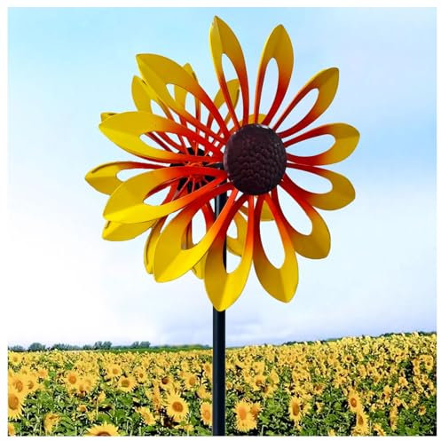 WindräDer Garten Doppelwindrad mit gegenläufigen Rotoren,174CM, Windrad Gross Für Draußen Metall Windmühle für Rasen Garten Hof Dekoration,Yellow