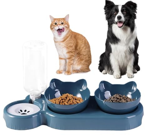 Katzennapf Set 15° Neigbar Doppelter Futternapf für Nass Trockenfutter mit Automatischer Wasserflasche für Kleine und Mittelgroße Hunde und Katzen