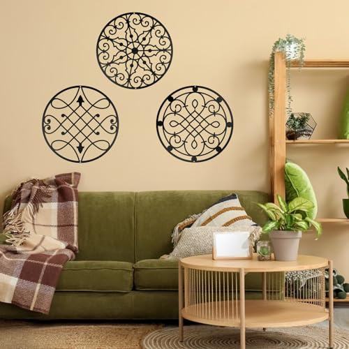 YIYA 3 Piezas Decoración de pared de metal Decoración de pared geométrica de metal Decoración de pared minimalista de negro Para el dormitorio de la sala de estar en el hogar (Circular)
