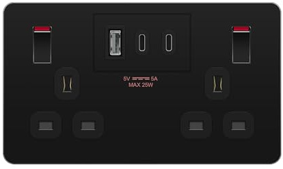 LIDER 2-Gang Switched 13A Double Socket, 25W Combined Output, Always-On USB