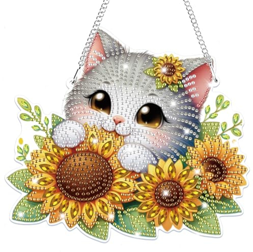 Lxmsja 5D Diamond Painting Anhänger Katze, Sonnenblume Diamond Painting Fensterbilder Beidseitig für Erwachsene Kinder, Bastelset Kreativ Set, Hängend Ornament Kranz Tür Fenster Wand Eingang Decor