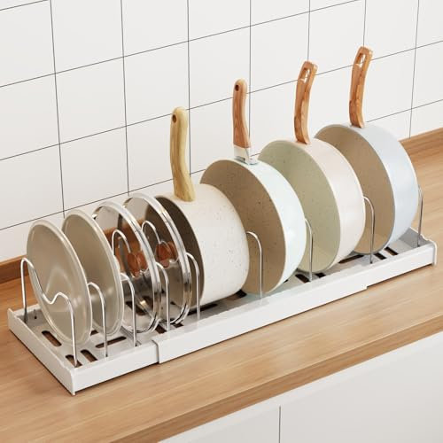 MUSTORN Range Couvercle Casserole Extensible, Rangement Casserole Tiroir Cuisine Porte Couvercle Supports à Xasseroles Support De Rangement Pour Poêles à Frire Avec 9 Séparateurs Réglables (Blanc)