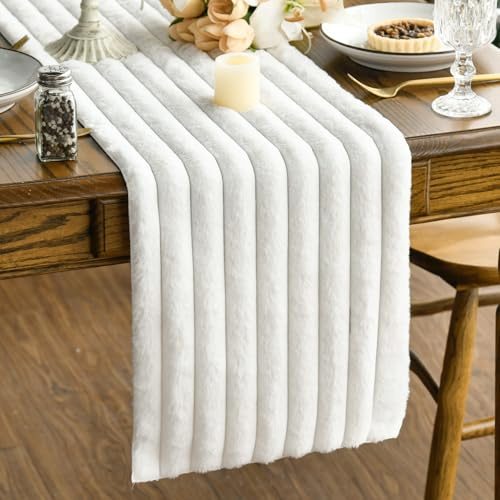 Artoid Mode Weich Kuschelig Kurzflor Pelz Felloptik Kunstfell Beige Weihnachten Tischläufer 30x183 cm, Winter Küche Tisch Urlaub Party Dekor