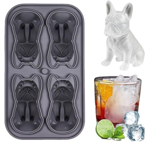 Bac à Glaçons en Silicone, 2025 Neu Moule à Glaçons en Forme de Chien, 4 Trous French Bulldog Ice Mold Sans BPA Moule à Glaçons Bouledogue Français pour Whisky Cocktails Glacé Café (Gris)