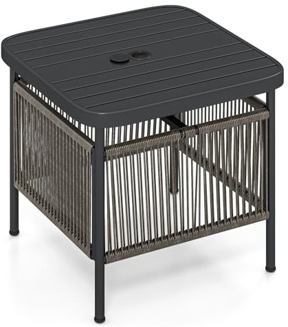 COSTWAY Pied de Parasol Table Base 2 en 1, Table d'Appoint Exterieur avec Trou 4 cm, Tables Basses de Jardin Métallique à 2 Niveaux, Étagère de Rangement, pour Balcon Jardin (56 x 56 x 49 cm)