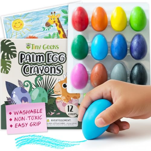 TinyGeeks 12 Pastelli a Uovo Colorati 12 pz - Presa Palm-Grip Non Tossici e Lavabili per Bambini Piccoli (3-6) e Bambini (4-8) - Facili da Tenere, Perfetto per Viaggi