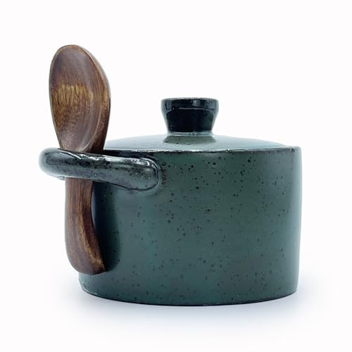 YILUSHENGHUA 8 oz Ceramic Salt Cellar with Lid & Wooden Spoon,Countertop Salt Container,Sugar Bowl,Spices Jar| Artisan Kitchen Decor(Green)