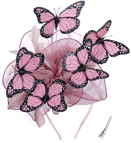 ETOFETE Rosa Fascinator Kopfbedeckung für Damen Schmetterling Mütze Karneval Fasching Accessoires 1920er Victoria Organza Haarreif für Mädchen Cocktail Halloween Kirche