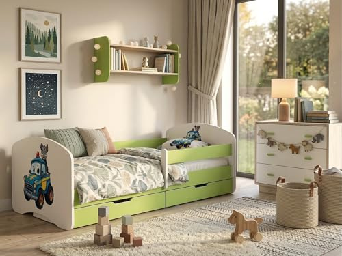 Happy Babies Kinderbett - mit Rausfallschutz Junge 140x70 Mädchen, Bett für Kinderzimmer mit Schublade & Matratze Einzelbett für Kinder Kinder Hundemotiv, Bilder (Grün) (Niebieski piesek)