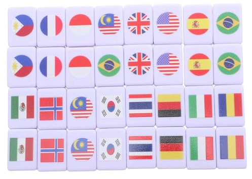 FIXOSHEE 64pcs National Flag Mahjong Tiles Portable Mini Board Game for Two Players Melamine Party Game Set for Travel Family Couples Educational Cultural Exploration and Entertainment