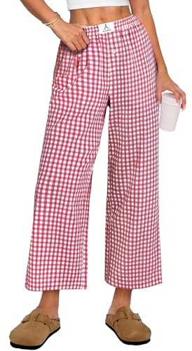 ANRABESS Womens Gingham Striped Pants, Palazzo & Cropped, Comfy & Cute, Lounge Pajama Plaid PJ Bottoms With Pockets Red White Plaid M
