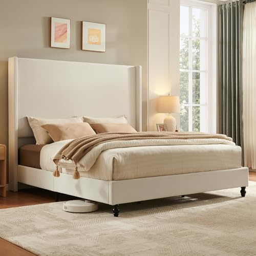LUXOAK King Bed Frame with 65 Tall Headboard, Horizontal Fine Corduroy Bed Frame with Wingback, Upholstered Platform Bed, Vintage Solid Wood Gourd Legs, No Box Spring Needed, White