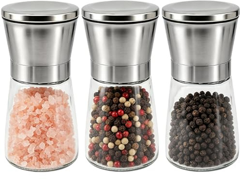3 salt- och pepparkvarnset, 180 ml kryddkvarn, pepparkvarn-set, manuella kryddkvarnar med justerbar kvarn, saltkvarn, kryddkvarnar med huvud i rostfritt stål och glaskropp för kryddor, salt, peppar