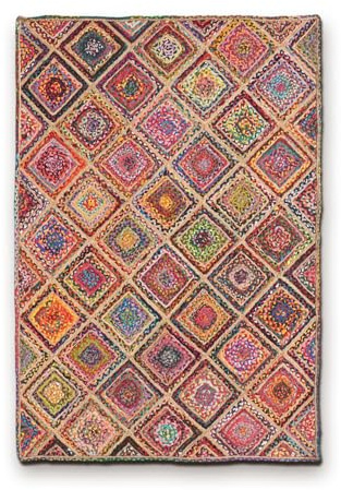HANIESTA 60 x 100 cm 100% Recycled Cotton Chindi Jute Area Kashbah Diamond Rug, Hand Braided Multi Coloured Stripes Rectangular Rug, 9 mm Low Pile Geometric Boho Rug for Kitchen, Living Room & Bedroom