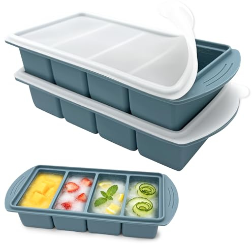 VEEKAY 2 Unidades Bandeja de Silicona para Congelador con Tapa, 4 Compartimentos de 250 ml, Recipiente Apilable sin BPA para Sopa, Caldo, Salsa, Meal Prep