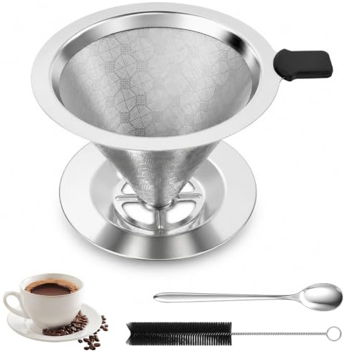 Kaffeefilter Edelstahl kaffeefilterhalter mit Reinigungsbürsten und Löffel | Kaffefilterhalterung Handfilter Wiederverwendbarer Kaffeefilter Papierloser Permanentfilter 2-4 Tassen Kaffee Filter Aufsatz