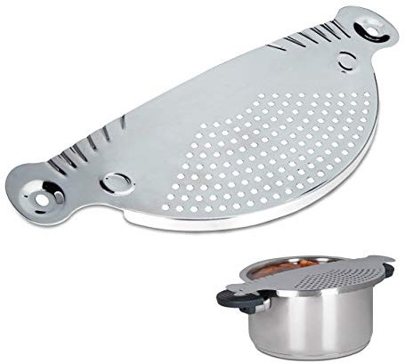 Relaxdays Abgießhilfe Edelstahl, HxB: 32,5 x 13 cm, Schöpfsieb, für Töpfe und Schüsseln, platzsparend, Metall, silber