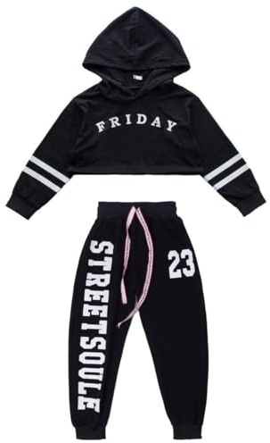 LOLANTA Ragazze Moderne Jazz Dance Outfit, Felpa con Cappuccio per Bambini, Pantaloni Hip Hop da Jogger(Nero, 11-12 anni, 160)