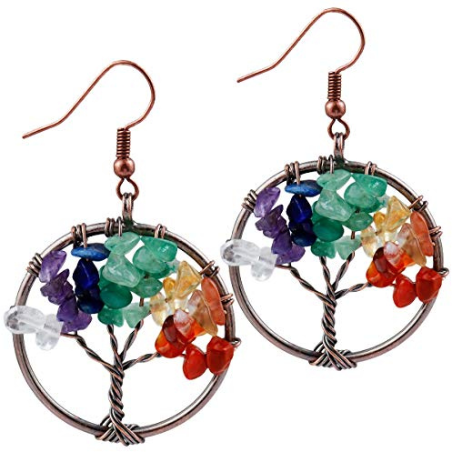 KYEYGWO Arbre de Vie Boucles d'Oreilles Pendantes pour Femme, Chakra Pendants d'Oreilles en Pierre de Cristal 3.6-4, 7 Chakra