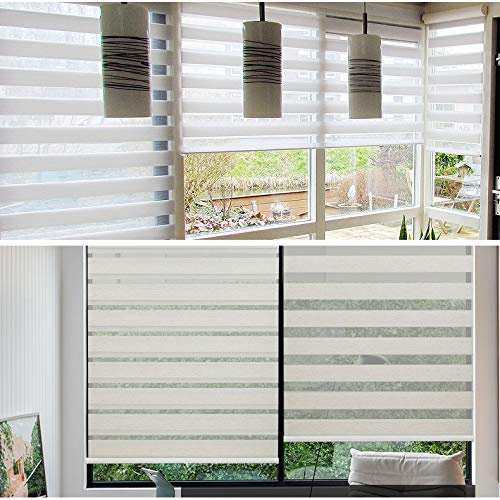 SMT- (W)71“ x (H)72”] White Zebra Roller Blinds Shades, Dual Layer, Cordless, Sheer or Privacy Light Control, Day and Night Window Drapes, Easy to Install, Striped Dove [P/N: ET-ZB-W-71]