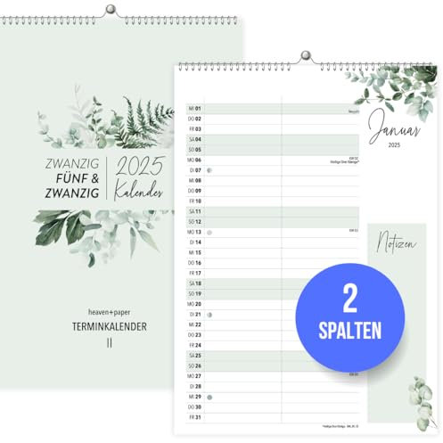 heaven+paper Kalender 2026 Wandkalender 2 Spalten – Paarkalender im natürlichen Eukalyptus Design Single Kalender 2026 für zwei zum aufhängen mit Blumen – Made in Germany