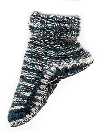 Tibetan Socks Wool Hand Knit Fleece Lined Mid Bootie Slipper Sock Non Slip Sole L Greyscale