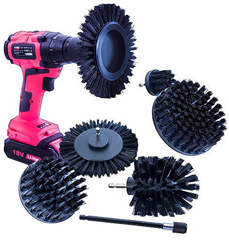 WerkFix Kraft-Reinigungsbürsten - 6 TLG Bürstenaufsatz Set, Sechskant-Schaft, Harte Bohrbürsten für Motoren, Grills, Öfen, als Farbentferner - schwarz (hart), für Akkuschrauber und Bohrmaschine
