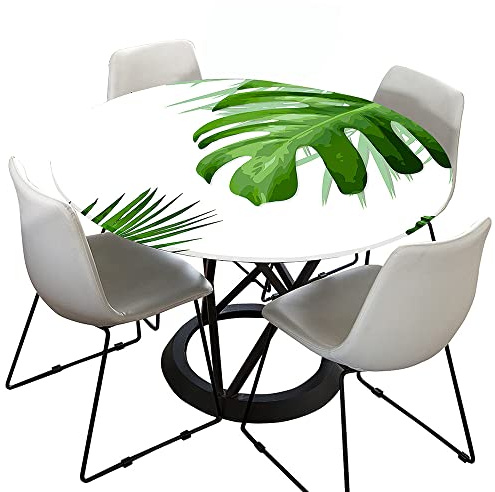 Morbuy Rund Tischdecke Elastisch, 3D Pflanze Rund Tischdecken Wasserdicht Lotuseffekt Abwaschbar Abwischbar Tischtuch für Dekoration Küchentisch Garten Outdoor (Durchmesser 130cm,Blätter Gekritzel)