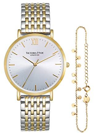 VICTORIA HYDE Damen Uhren Gold Analog Quarz Damenuhr Edelstahl Wasserdicht Armbanduhr Set mit Armreif (Gold)