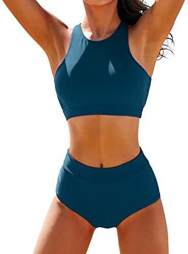 Bikinis mit hoher Taille für Damen, hoher Halsausschnitt, sportlicher Racerback, bauchfreies Top, Badeanzug, hoher Schnitt, zweiteiliger Badeanzug, Größe XS-XXL, Seeblau, S