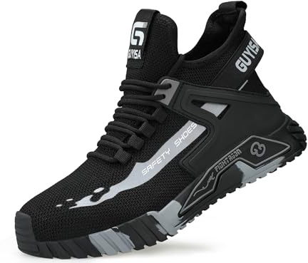 IYVW 907 Chaussure de Securité Homme,Bottes De Sécurité S1P SRC Embout en Acier Respirables Réfléchissantes Chaussures de Travail Noir 43 EU