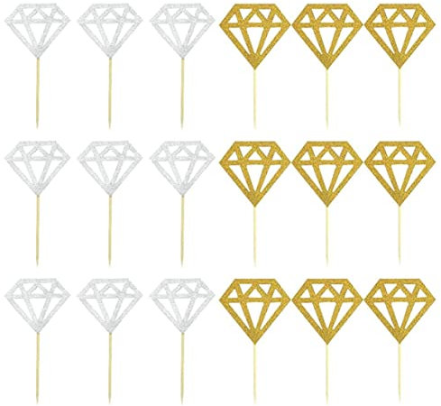 Glitter Diamond Cupcake Toppers for Bridal Shower Engagement Wedding Party Birthday for Donuts Diamond Donut Picks Cake Decorations Stick Sonic Cake Toppers (Silver + Gold) 60 Pcs.