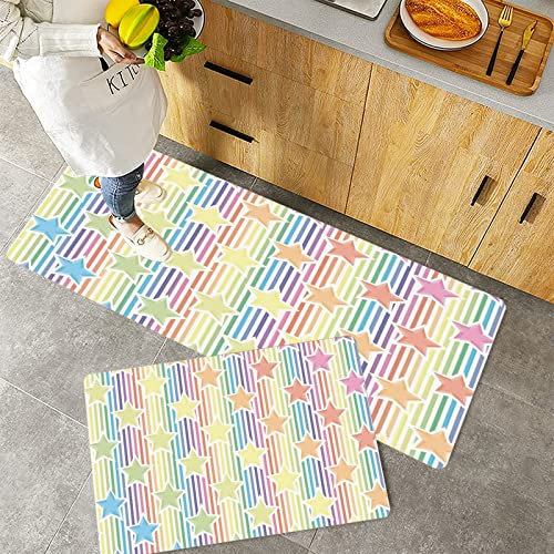 Küchenteppich Teppich Läufer Küchenläufer 2 Stück rutschfest,Stern, Regenbogen-Sterne auf buntem gestreiftem Muster-Grafik-abstraktem jugendlich Spielz, Waschbar für Flur Küche 40 x 100 cm+40 x 60 cm