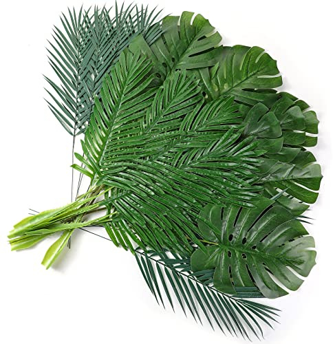 Cindeer 24 Pcs Artificial Palm Leaves with Stems 3 Kind, Classic, Large