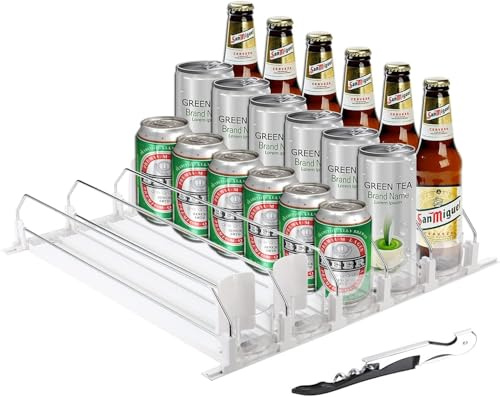 ONCHSH Drink Organizer for Fridge,Soda Can Drink Organizer for Refrigerator,Beer Pop Can Water Bottle Storage for Pantry,Width Adjustable Beverage Pusher Glide (White, 16.4 D - 5 Rows)