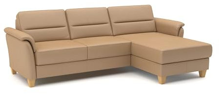 CAVADORE Leder-Ecksofa Palera mit Longchair / Landhaus-Couch mit Federkern, Schlaffunktion + Bettkasten / 244 x 89 x 163 / Leder Beige