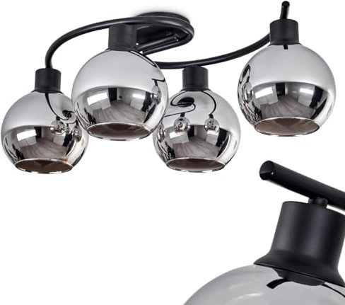 Deckenleuchte Koyoto, Deckenlampe aus Metall/Glas in Schwarz/Chromfarben, Leuchte im Retro/Vintage-Design mit Schirmen aus Glas (Ø 15 cm), 4 x E27, ohne Leuchtmittel