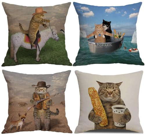 NYDECOR Cat Throw Pillow Covers Cat Cowboy on a Horse Pillow Cover Funny Two Brave Cats Pillow Cases Animal Kitty Pillowcase Cotton Linen Cushion Cover for Couch Sofa Bed 18x18 Set of 4