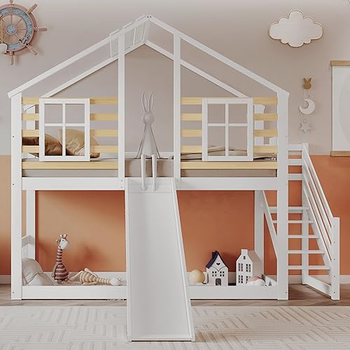 Idemon Etagenbett, Holzbett mit Treppe und Gitter, mit Rutsche und Fenster, Blockhaus Kinderbett mit Absturzsicherung, Bettrahmen aus Massivholz, Weiß(90x200 cm)