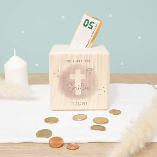 Spardose Taufe - Personalisierte Holzspardose - Geschenk zur Taufe, Taufgeschenk für Mädchen & Jungen - Sparschwein - hellomini (Kreuz Rosa)