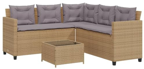vidaXL Gartensofa in L-Form mit Tisch und Kissen Beige Poly Rattan