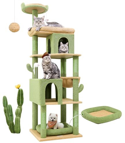 Globlazer Heavy Duty Cactus Cat Tree for Large Cats, Sturdy 72in Maine Coon Cat Tree for Large 20 lbs+ Cactus Cat Tower for Adult Biggest Cats with 6 Scratching Posts, Hammock, S72, Green