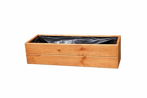 Holz Pflanzkasten 60 cm – Blumenkasten aus imprägnierter Fichte mit Folie & Drainage – Wetterfeste Balkon Pflanzbox für Garten Terrasse Fensterbank – Fertig montiert, D27 (Teak, 60 cm)